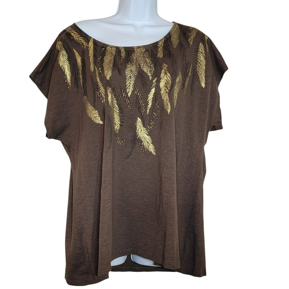 Charter Club Shirt, Women 1X, Brown w/Gold Feathers & Beads, BOHO, Cotton, EUC